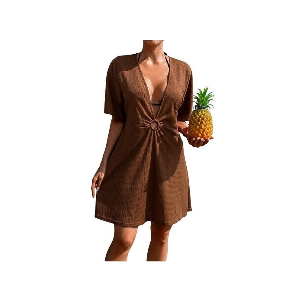 CUPSHEWomen's Cut Out Deep V Neck Cover Ups Dress Summer Short Sleeve Beach Min